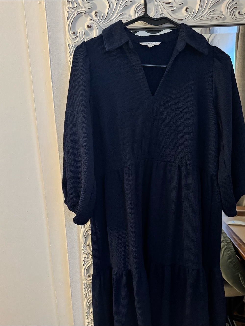 Navy Tiered V-Neck Midi Dress
